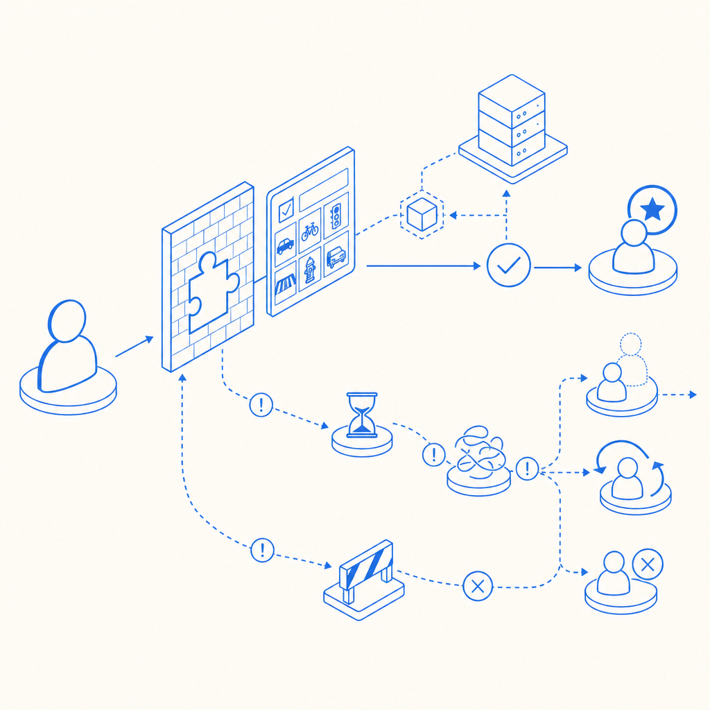 conceptual diagram of CAPTCHA challenge workflow and user experience impact