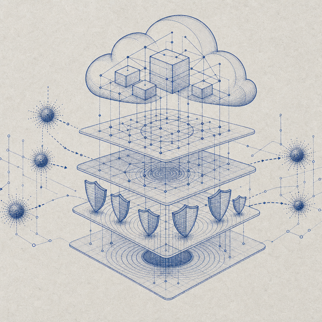 abstract diagram of cloud infrastructure with bot detection layers