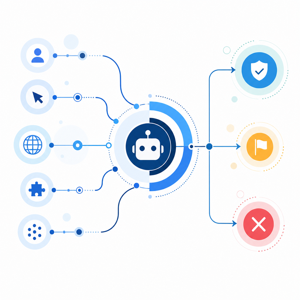 abstract flow chart illustrating bot detection inputs and outcomes