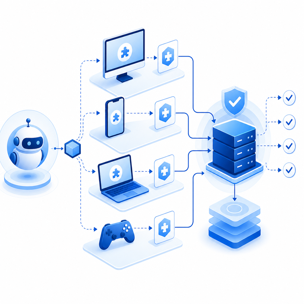 diagram showing multi-platform bot challenge deployment with server validation