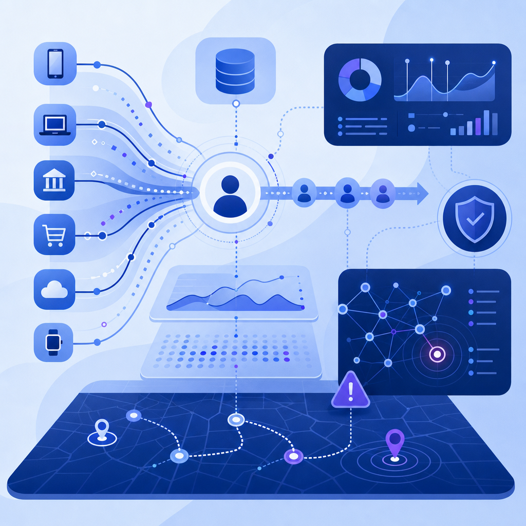Diagram showing diverse platform integrations capturing user journey data for ri