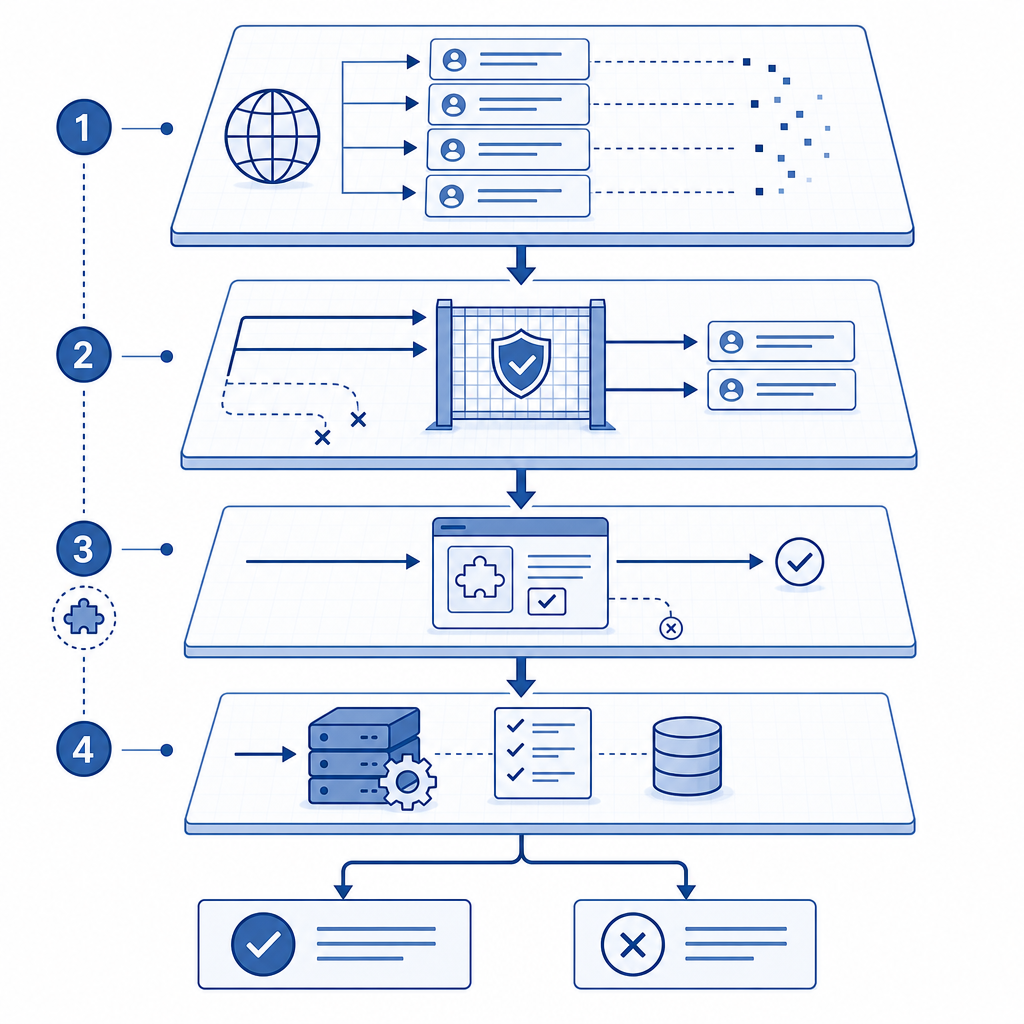 layered request-flow diagram showing edge filtering, challenge step, and server 