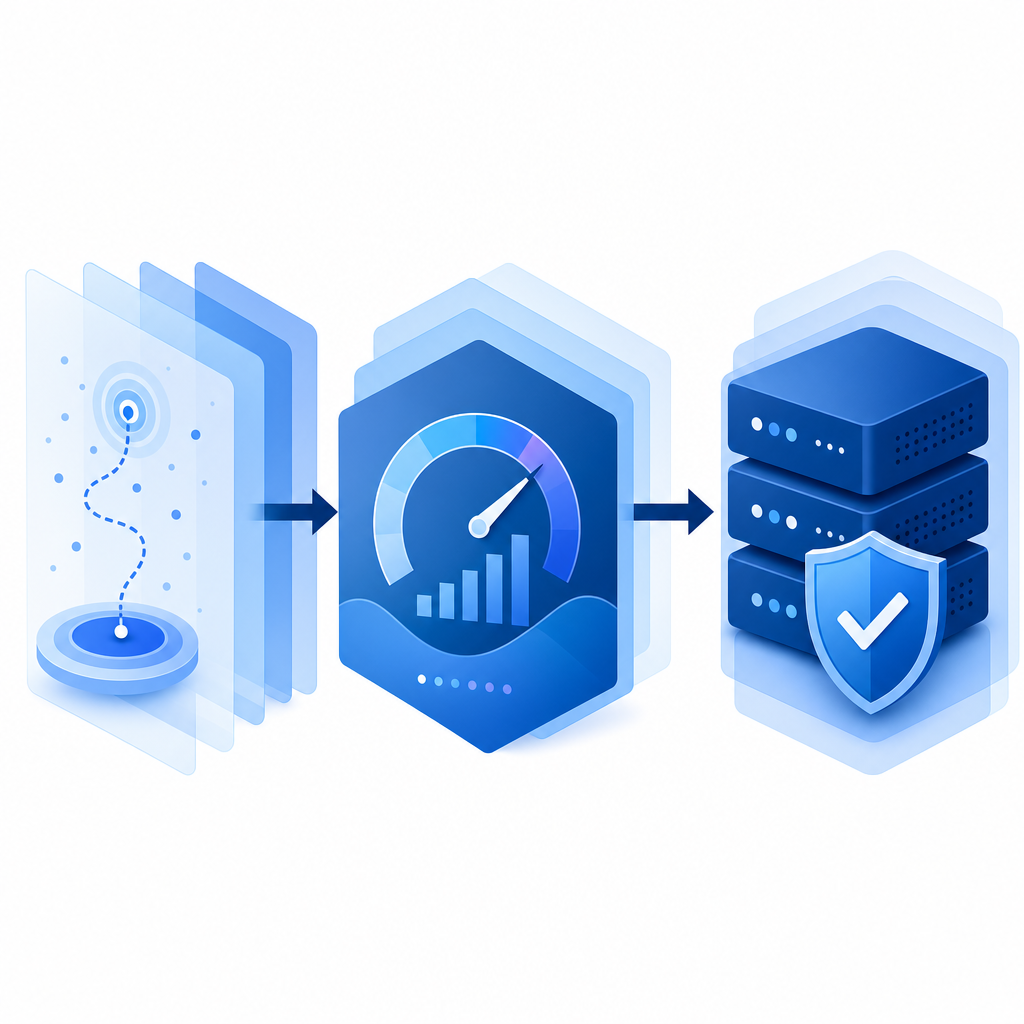 layered defense diagram with decoy signal, risk scoring, and server validation