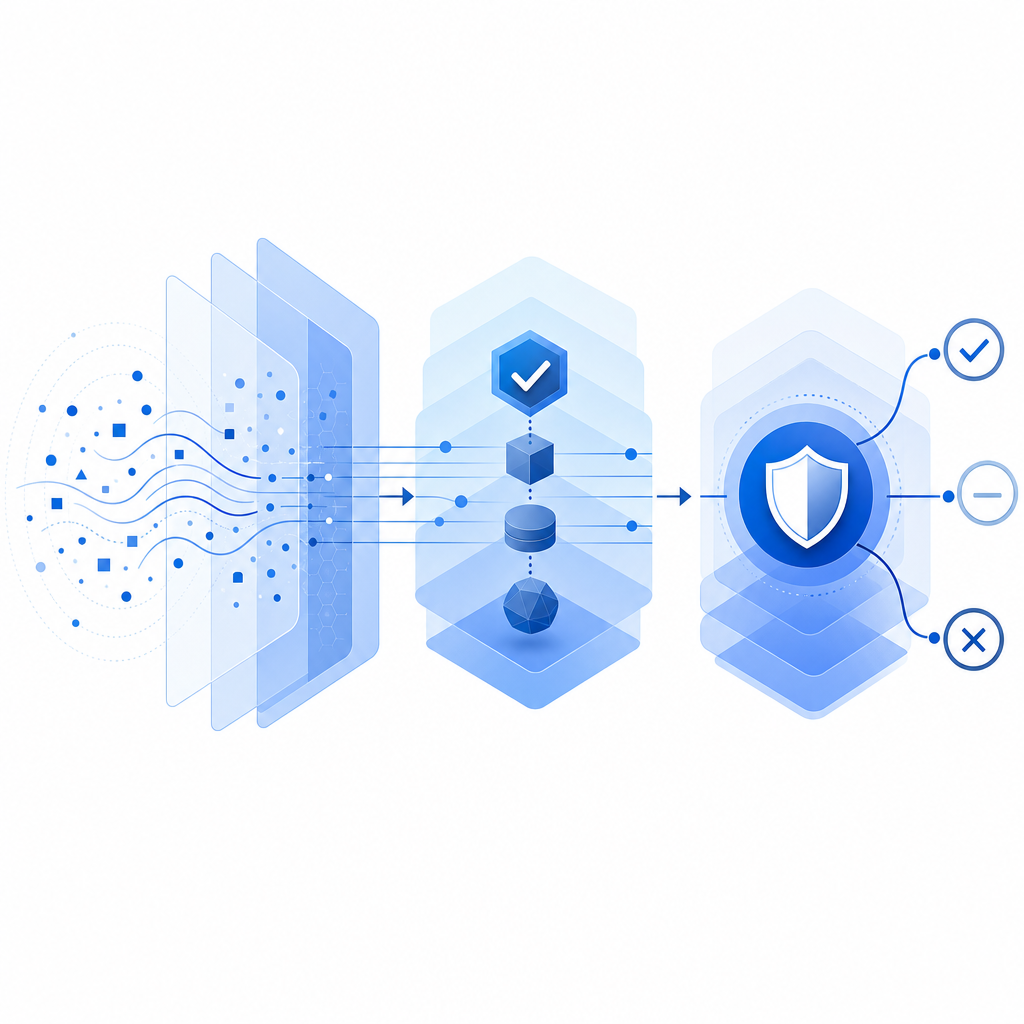 layered trust pipeline from client signal to server validation to policy decisio