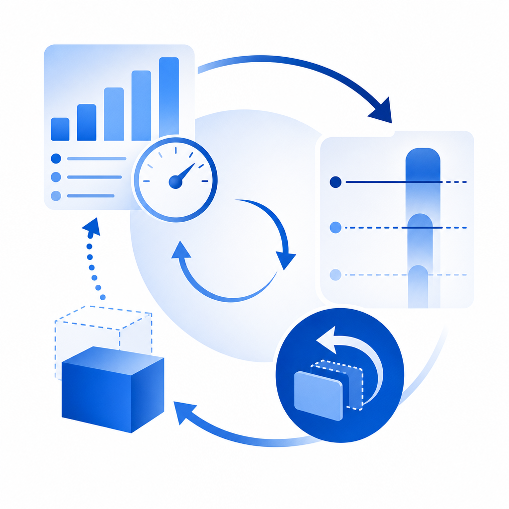 abstract control loop showing metrics, policy thresholds, and rollback arrows