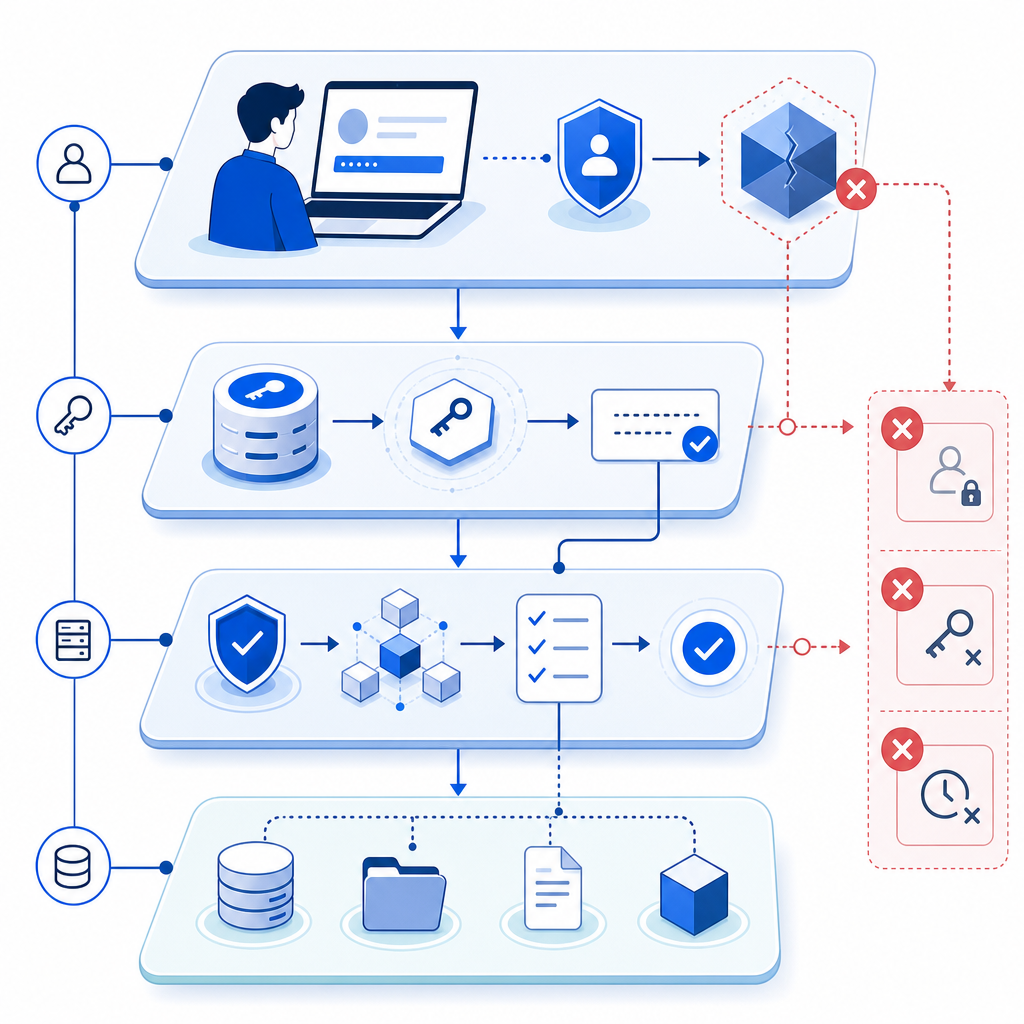 layered flow diagram showing client challenge, token issuance, server validation