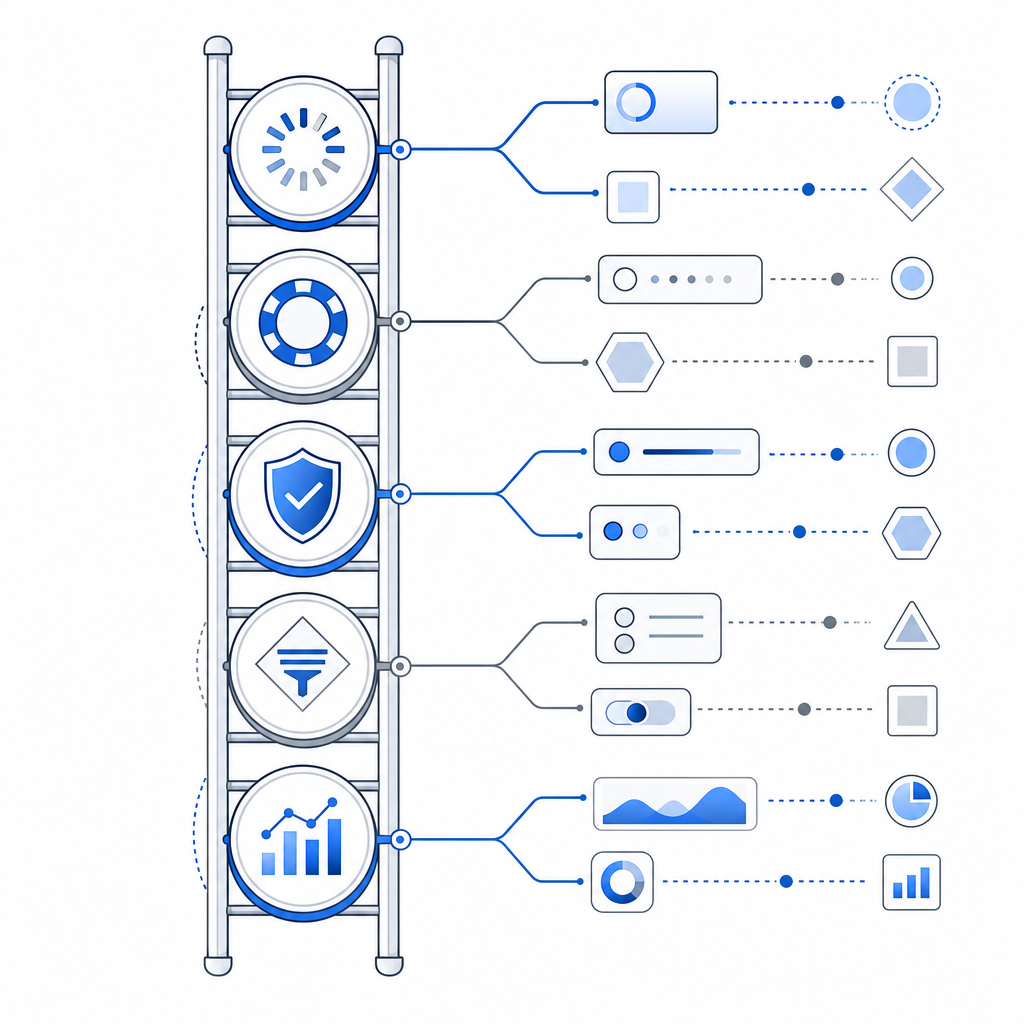 abstract troubleshooting ladder with checkpoints labeled loader, token, validate