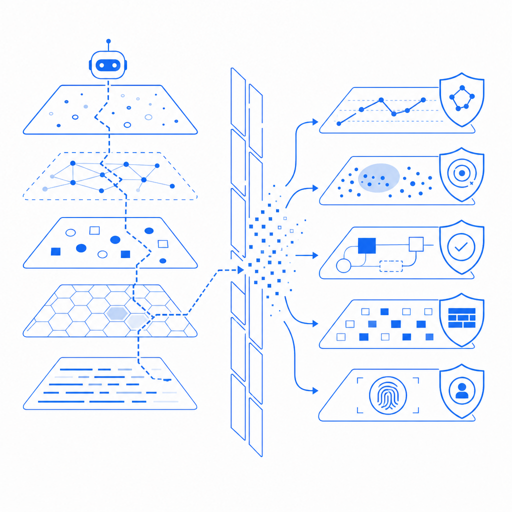 abstract diagram contrasting various bot evasion layers versus defense measures