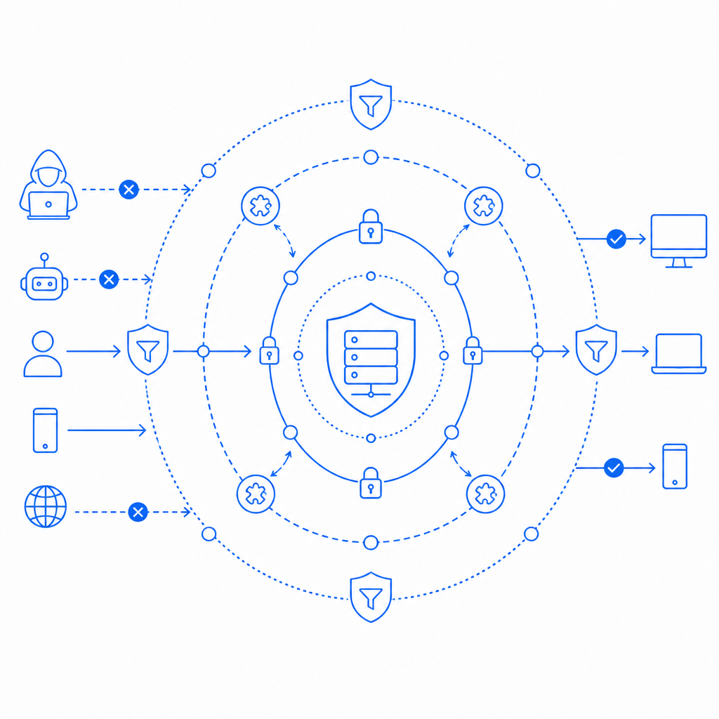 layered defense schematic emphasizing server-side validation and adaptive challe