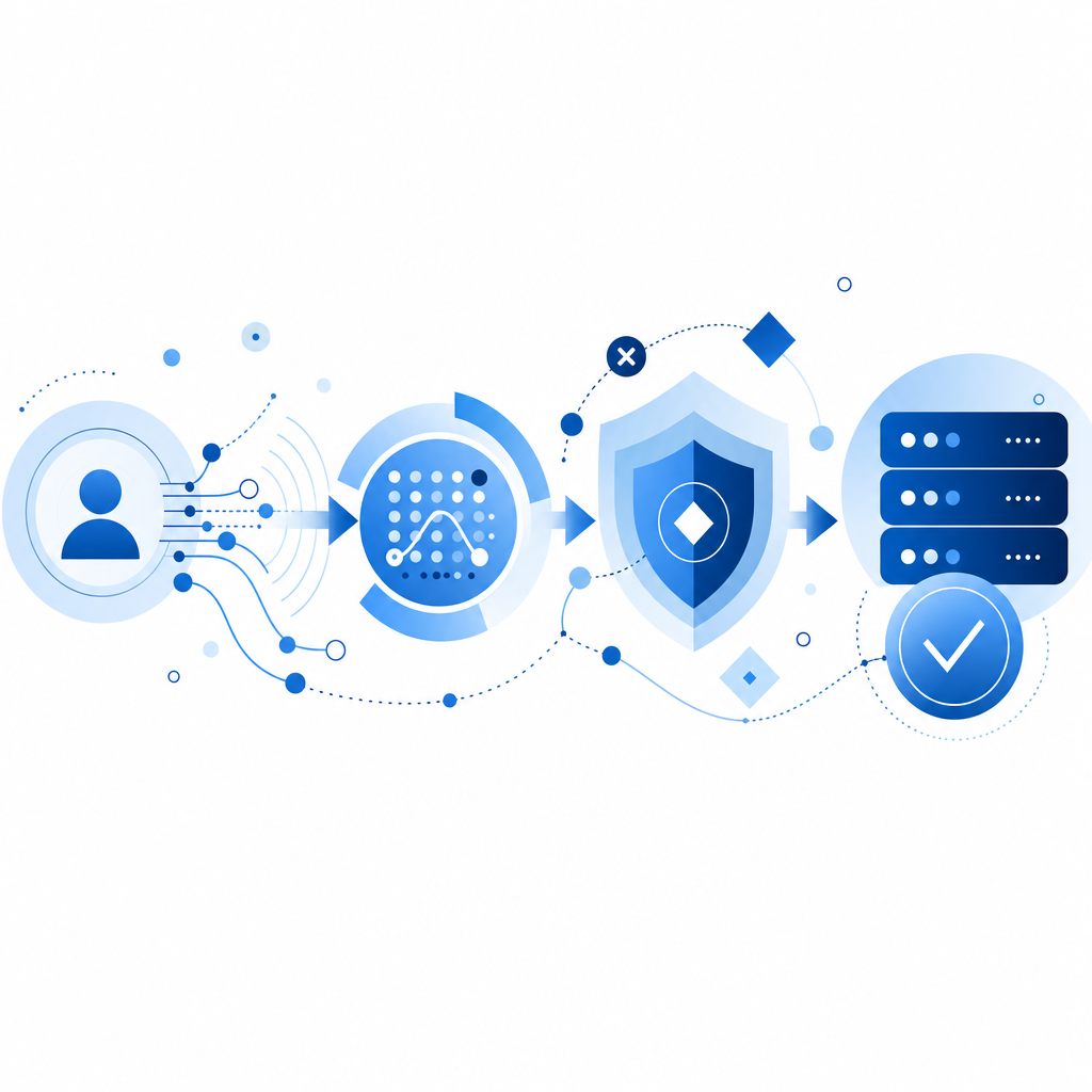 abstract flow of client signal, risk scoring, challenge, and server validation
