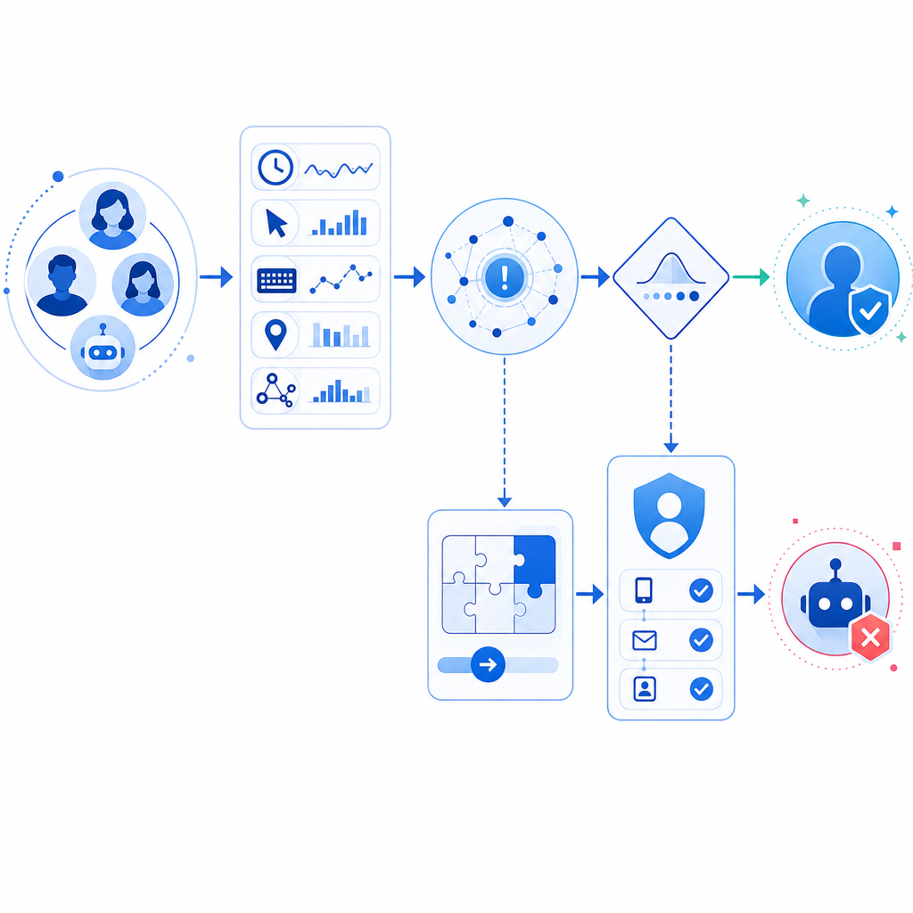 flowchart diagram showing Facebook bot detection process with behavioral signals