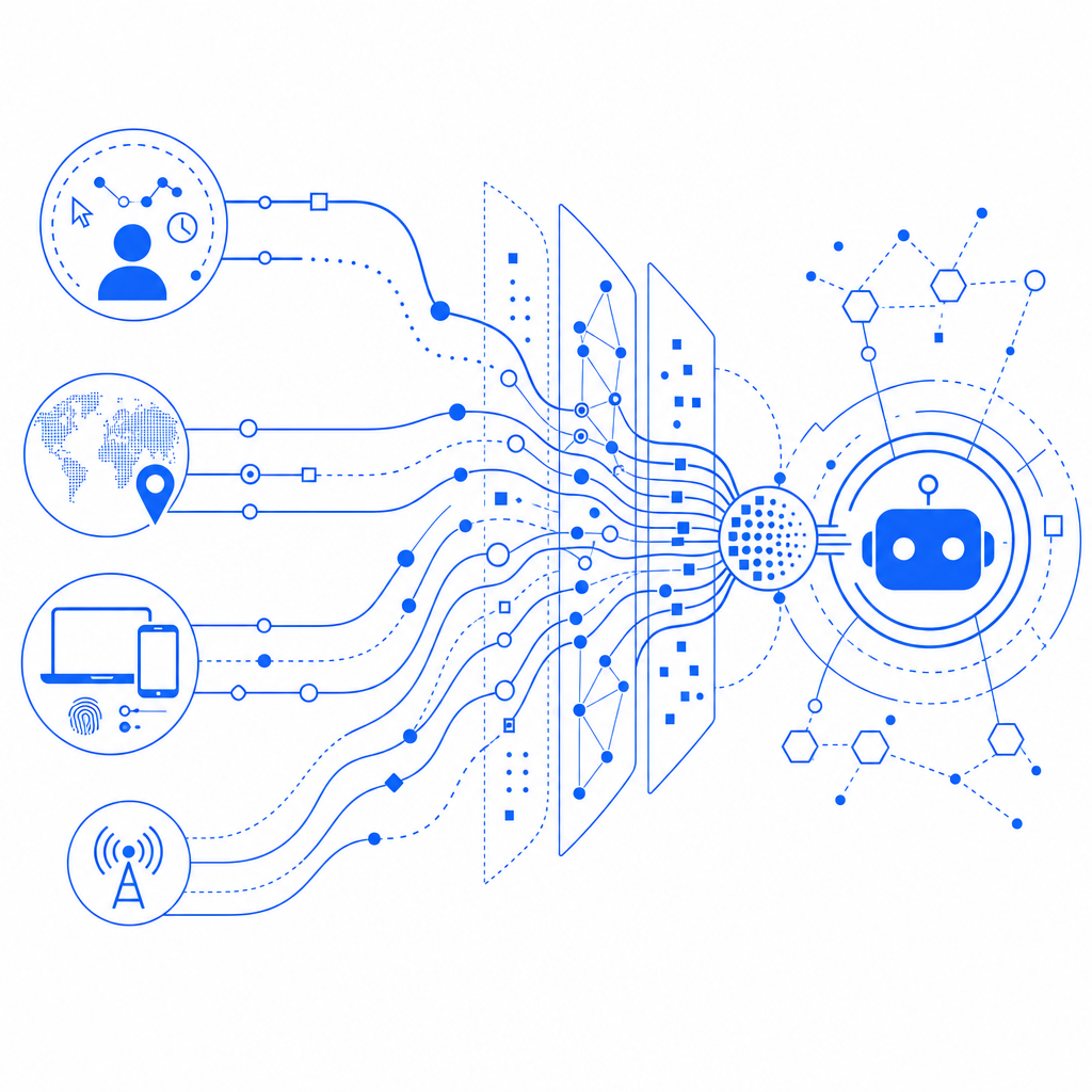 abstract diagram showing complex data inputs for bot detection including behavio