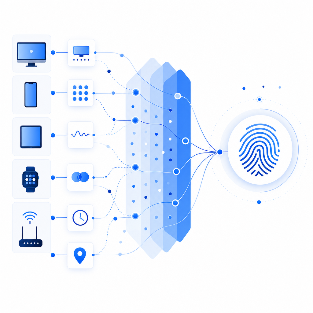 abstract flowchart of device/browser data points combining into a unique fingerp