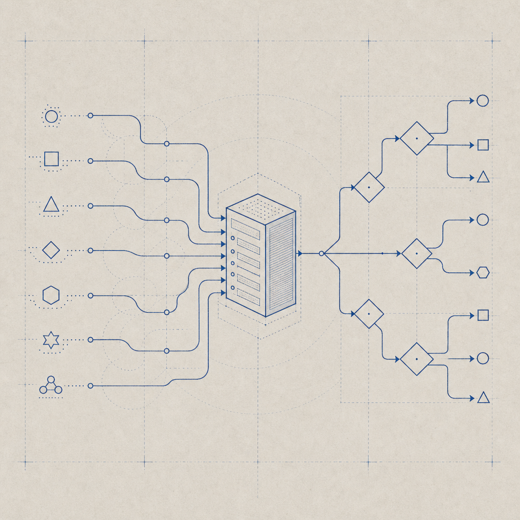 abstract flow showing browser signals, validation server, and decision branches