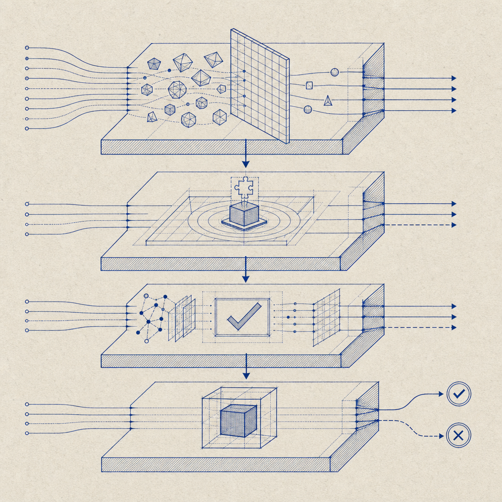 layered security diagram with WAF, challenge, validation, and app decision