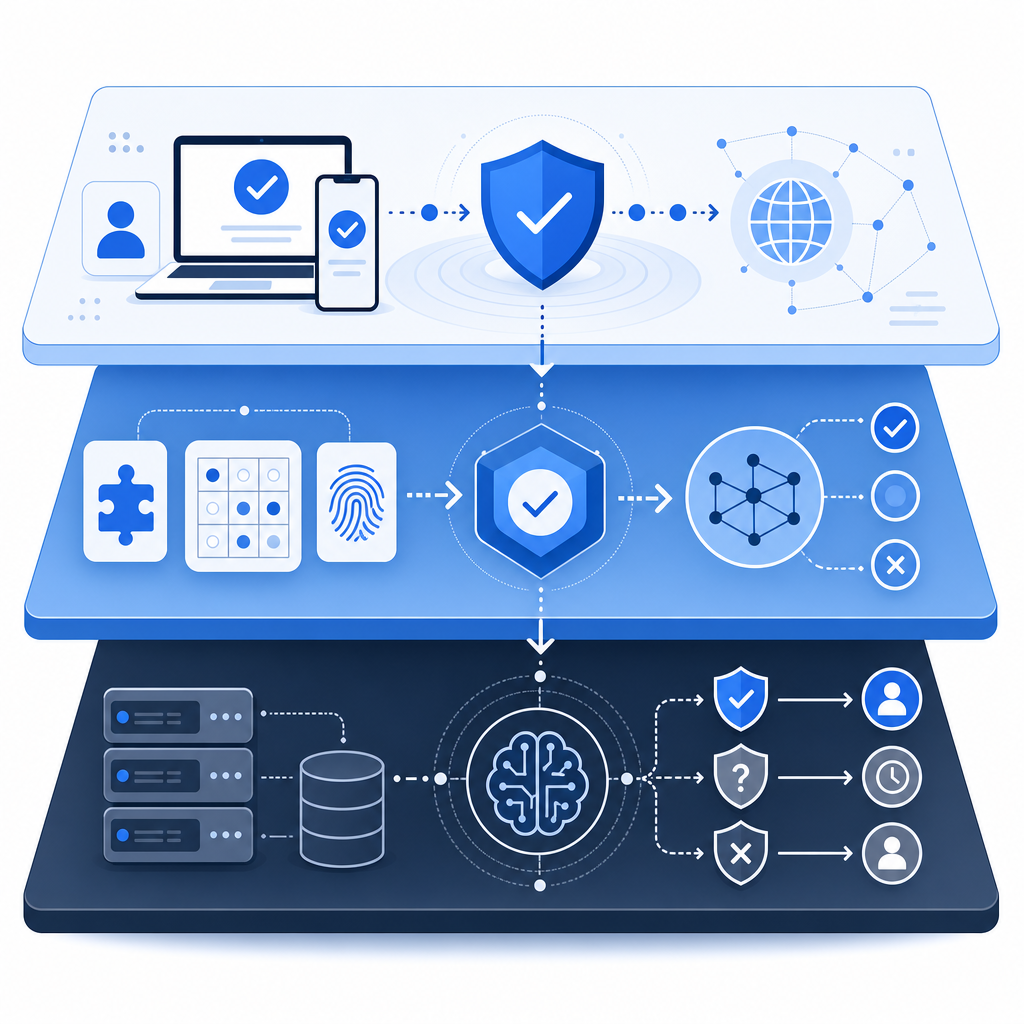 layered defense diagram showing client checks, challenge validation, and server-