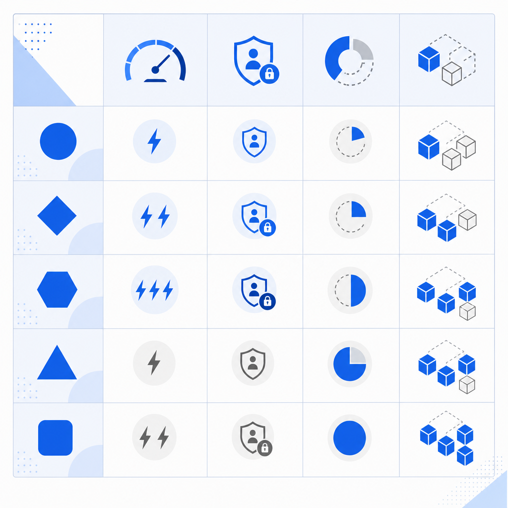 comparison matrix as a clean schematic with icons for friction, privacy, quota, 
