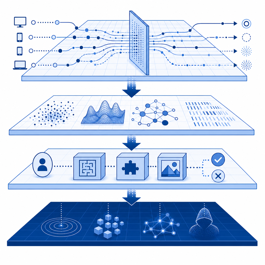abstract diagram showing layered bot detection strategies from traffic analysis 