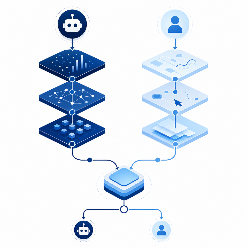 comparative flowchart of bot detection data and user interaction layers