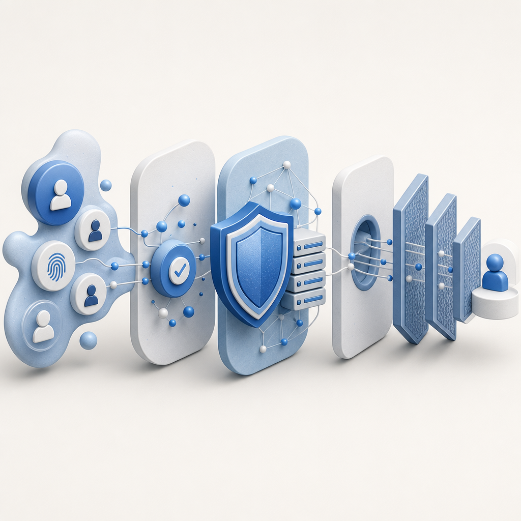 abstract layered defense diagram with identifiers, challenge issuance, server va