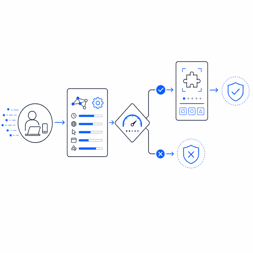schematic flow of bot detection ID risk evaluation and challenge issuance