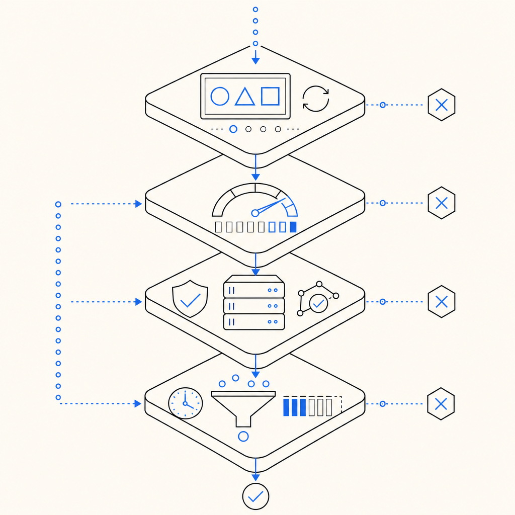 abstract layered defense stack with image challenge, risk scoring, server valida