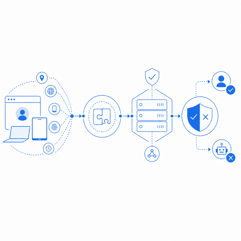 layered bot-defense pipeline showing client signals, challenge step, server vali