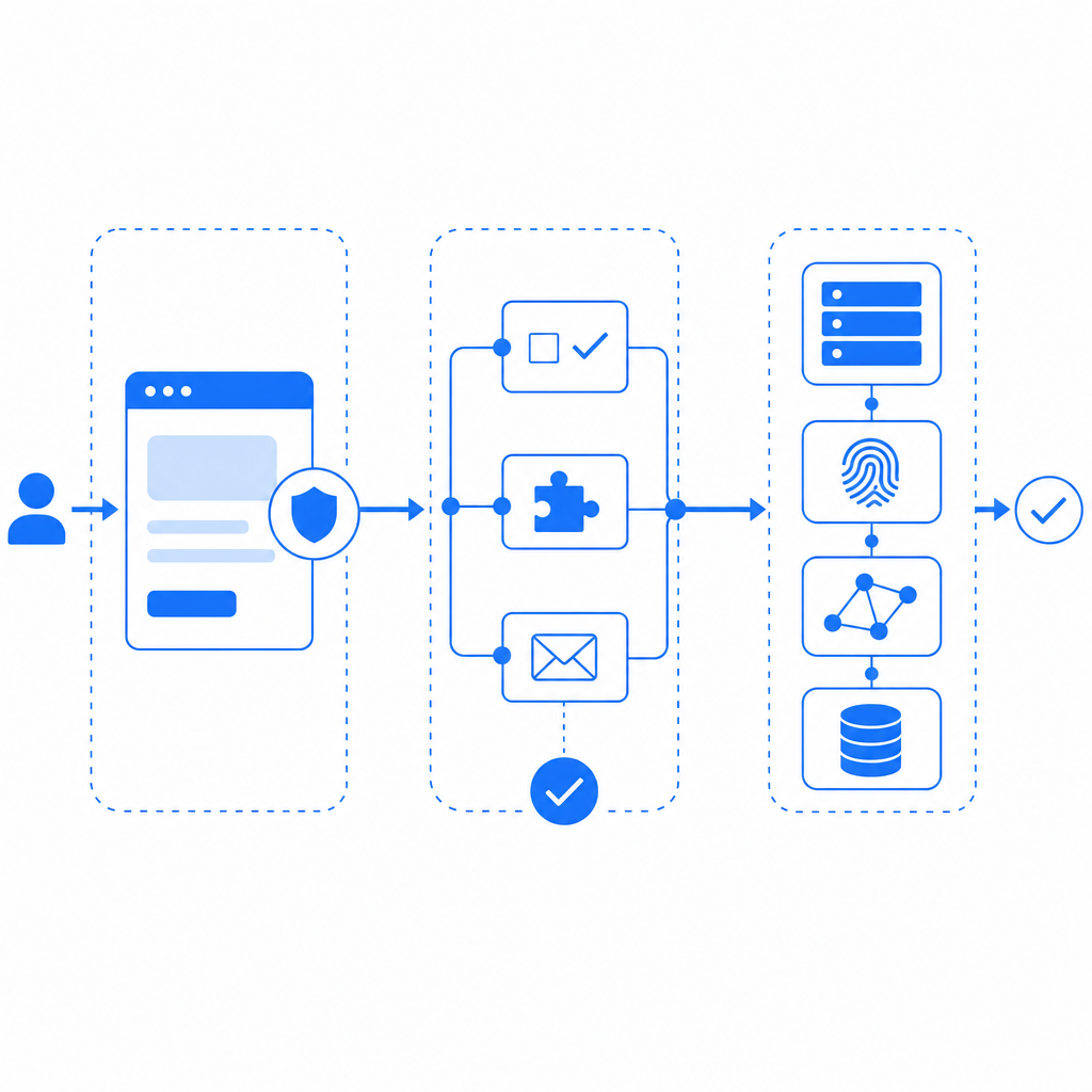 layered anti-bot flow from entry page to server-side validation, abstract nodes 