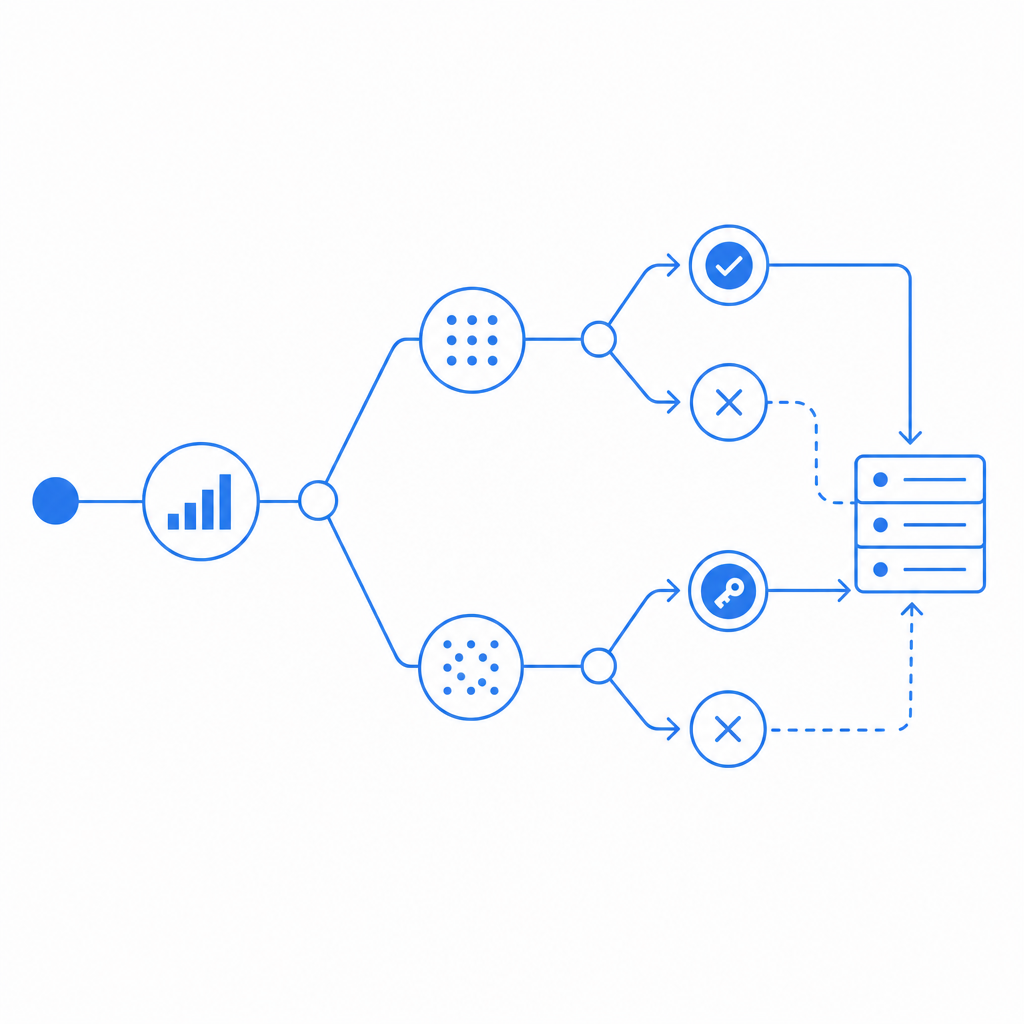 abstract decision tree showing risk score, challenge, pass token, and server val