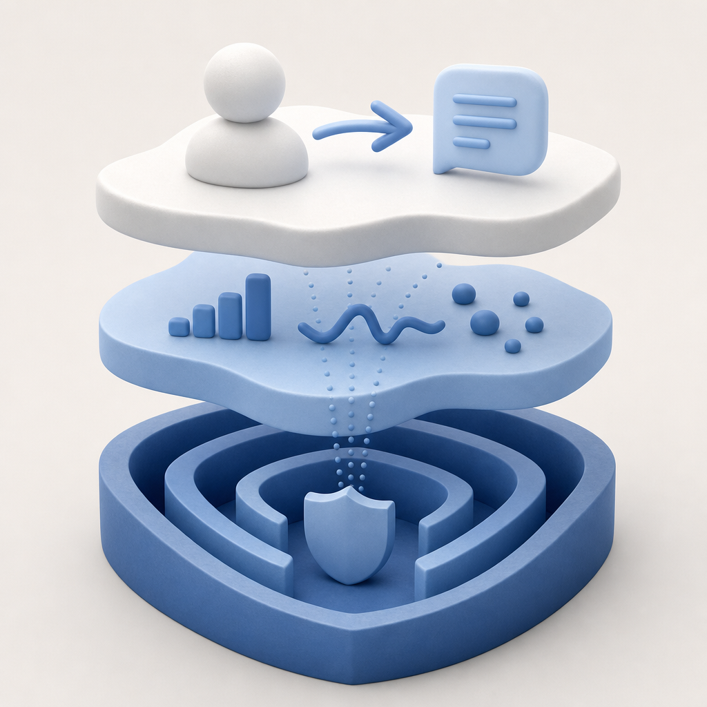 layered defense diagram with request, behavior, and escalation tiers