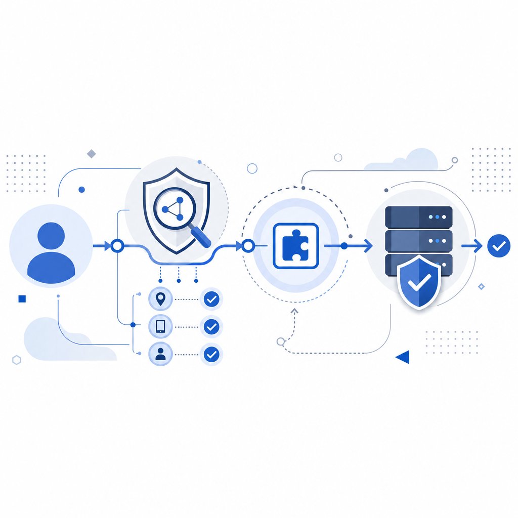 abstract flow diagram showing user request, risk checks, challenge, and server v