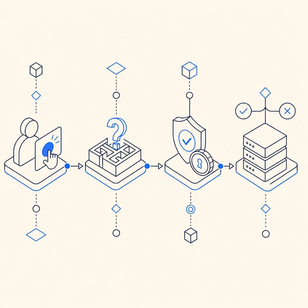 abstract flow diagram showing user action, challenge, token validation, and serv