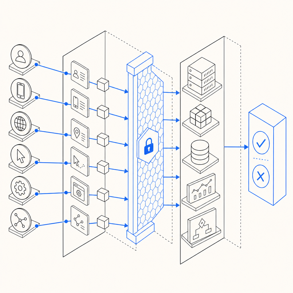 abstract layered diagram of signals, challenge gate, and server-side verdict