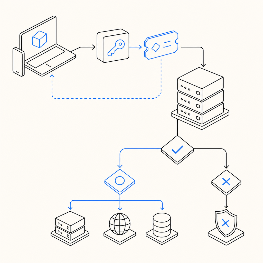 abstract flow diagram of client token issuance, server validation, and traffic d