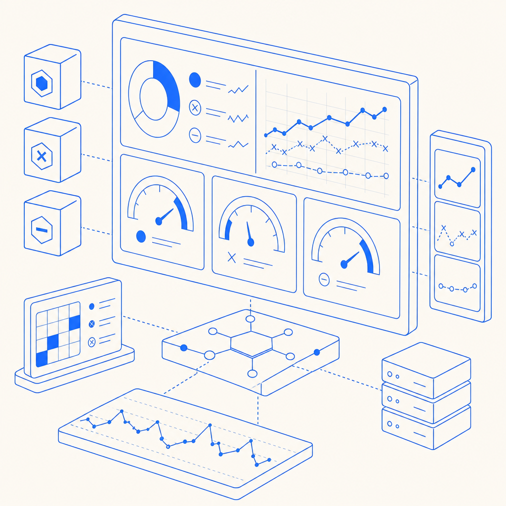 abstract monitoring dashboard showing token success, failure, and latency trends