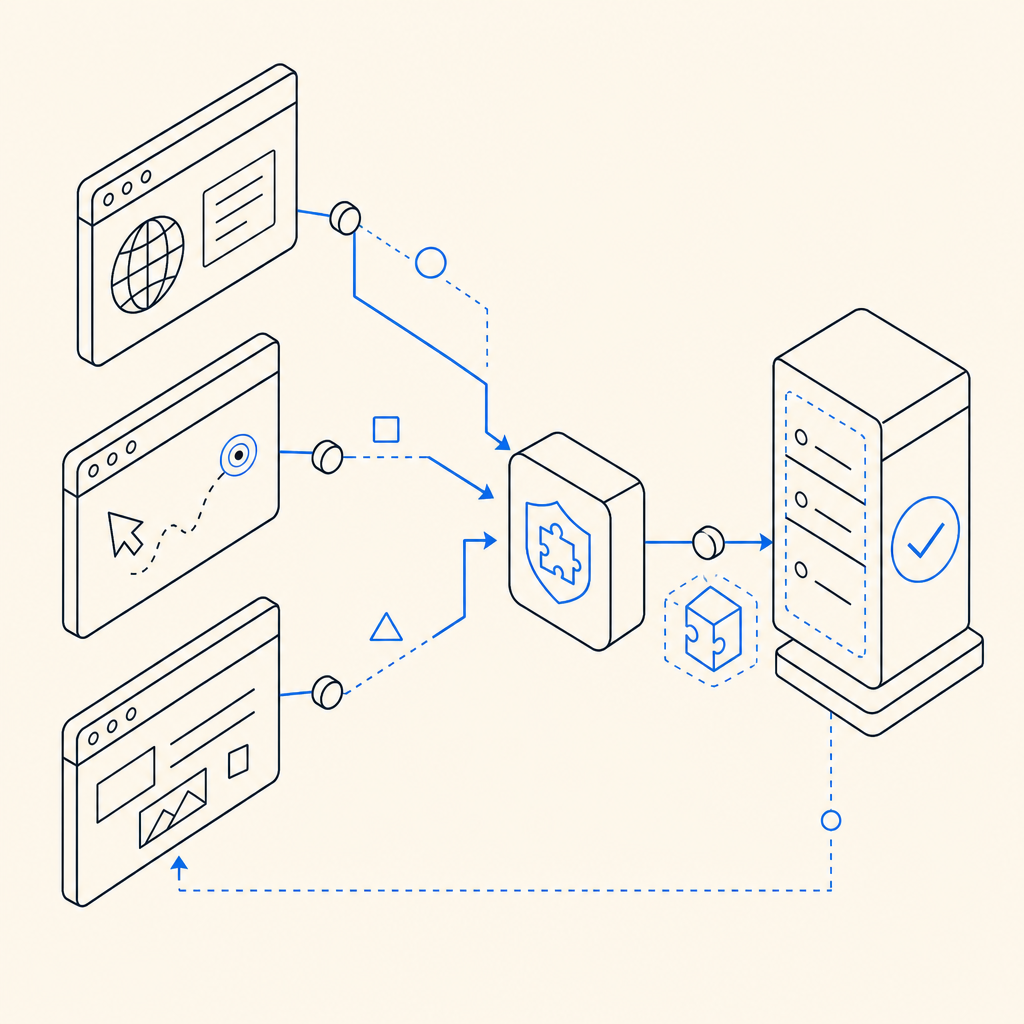 abstract flow diagram showing browser signals, challenge token, and server valid