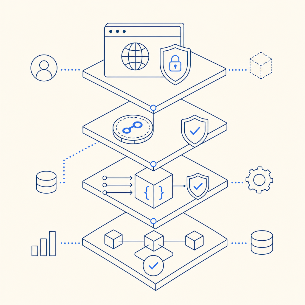 abstract layered security stack with browser, token, API validation, and busines