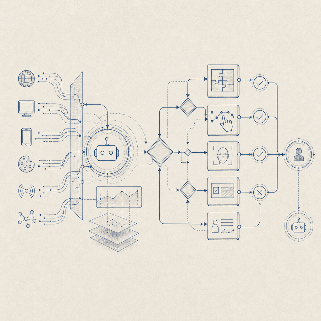 conceptual flow of bot detection and adaptive challenge system