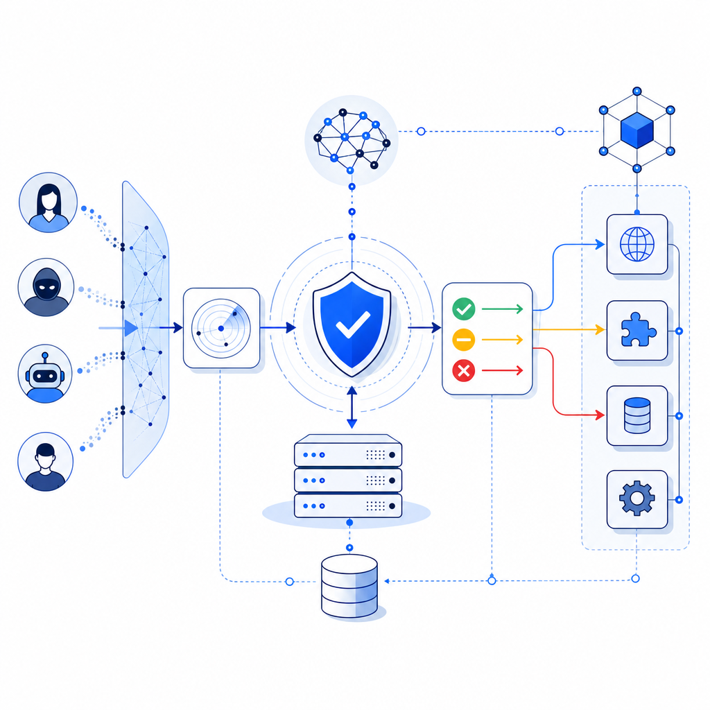 schematic showing bot detection system workflow and API interactions