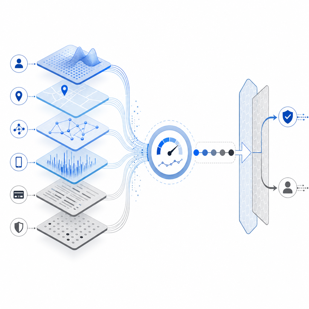 layered signal stack feeding a risk score and enforcement decision