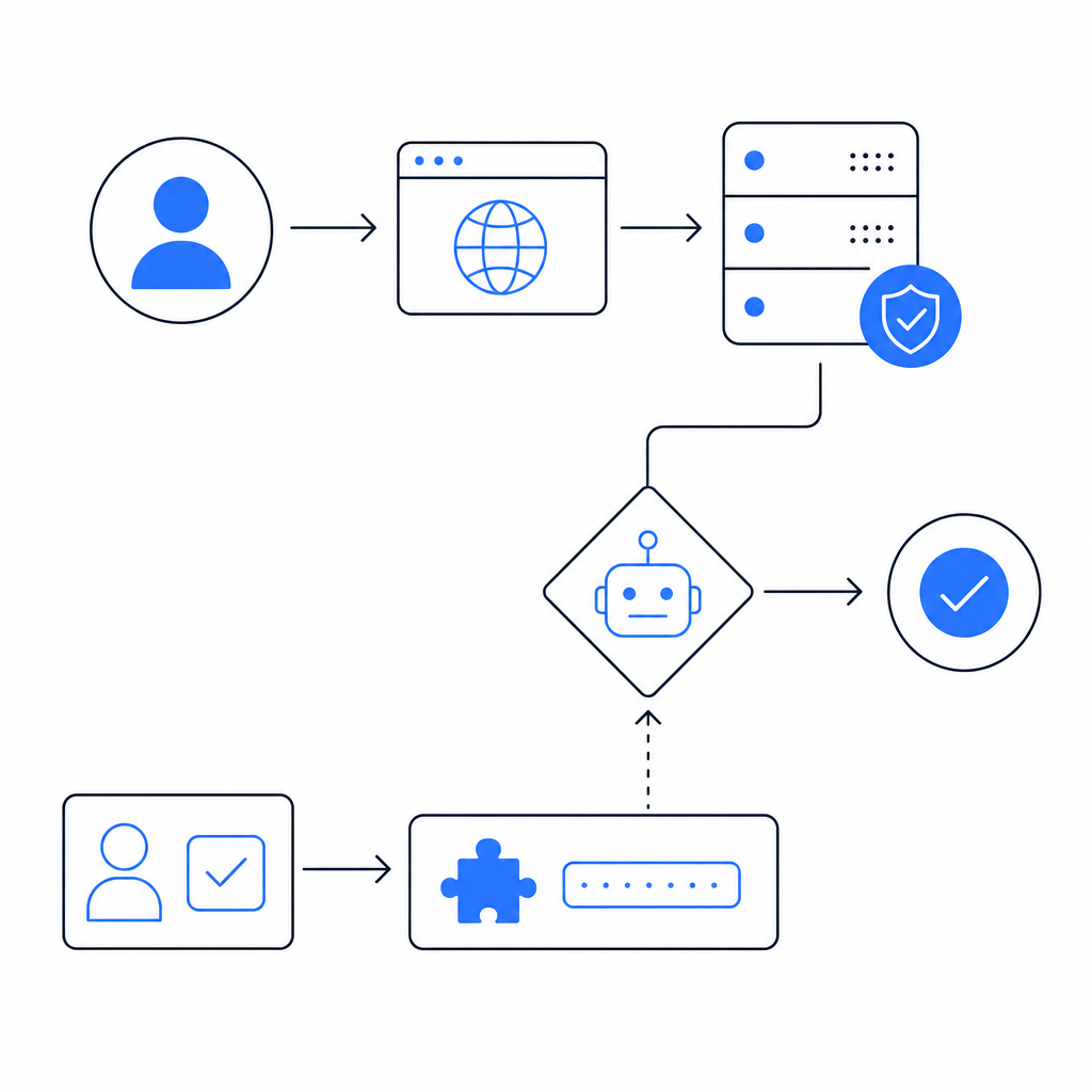 abstract bot detection flowchart with user, server, challenge