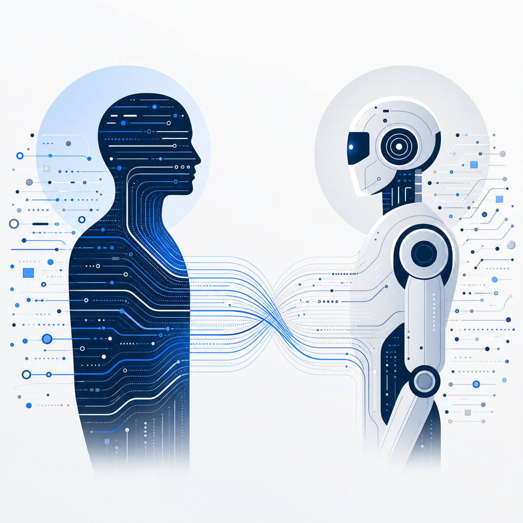 abstract diagram showing a human silhouette vs a bot with code and data streams