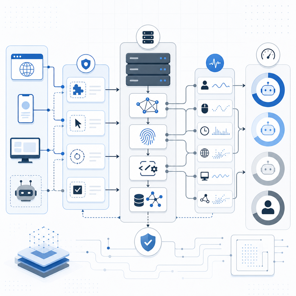 conceptual flowchart of bot detection process combining client challenges, serve