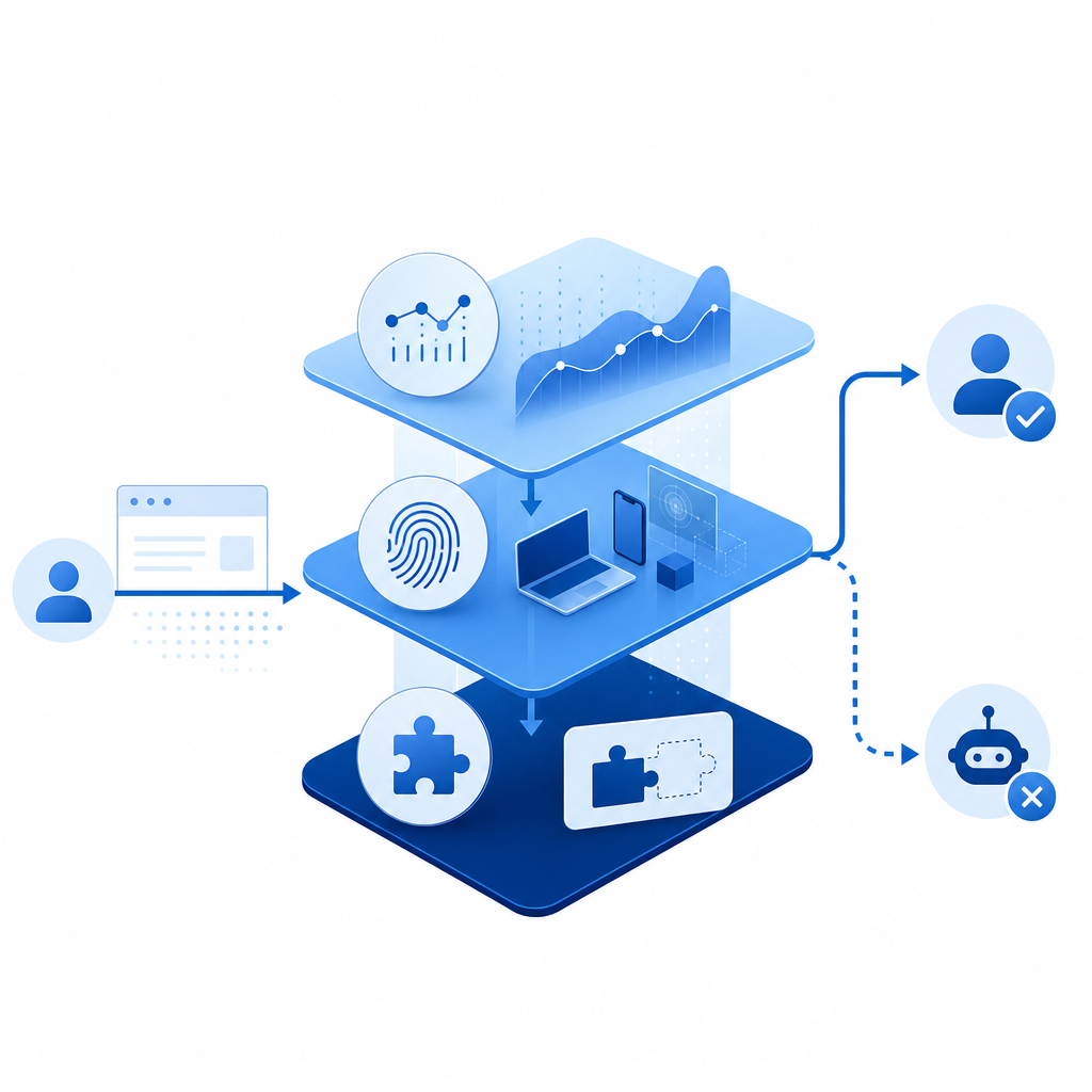 workflow diagram of layered bot detection system integrating behavior, fingerpri
