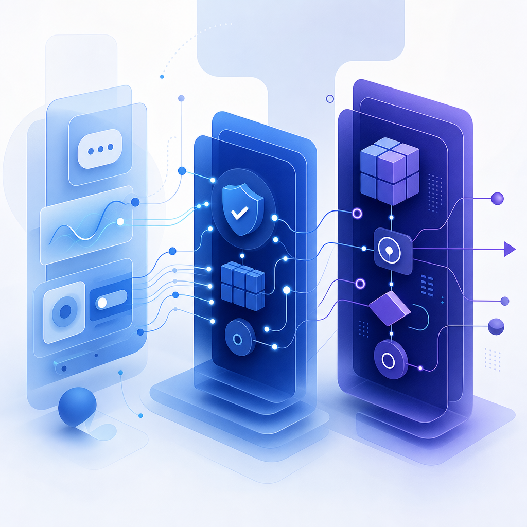 abstract layered system showing client signals, server validation, and policy en