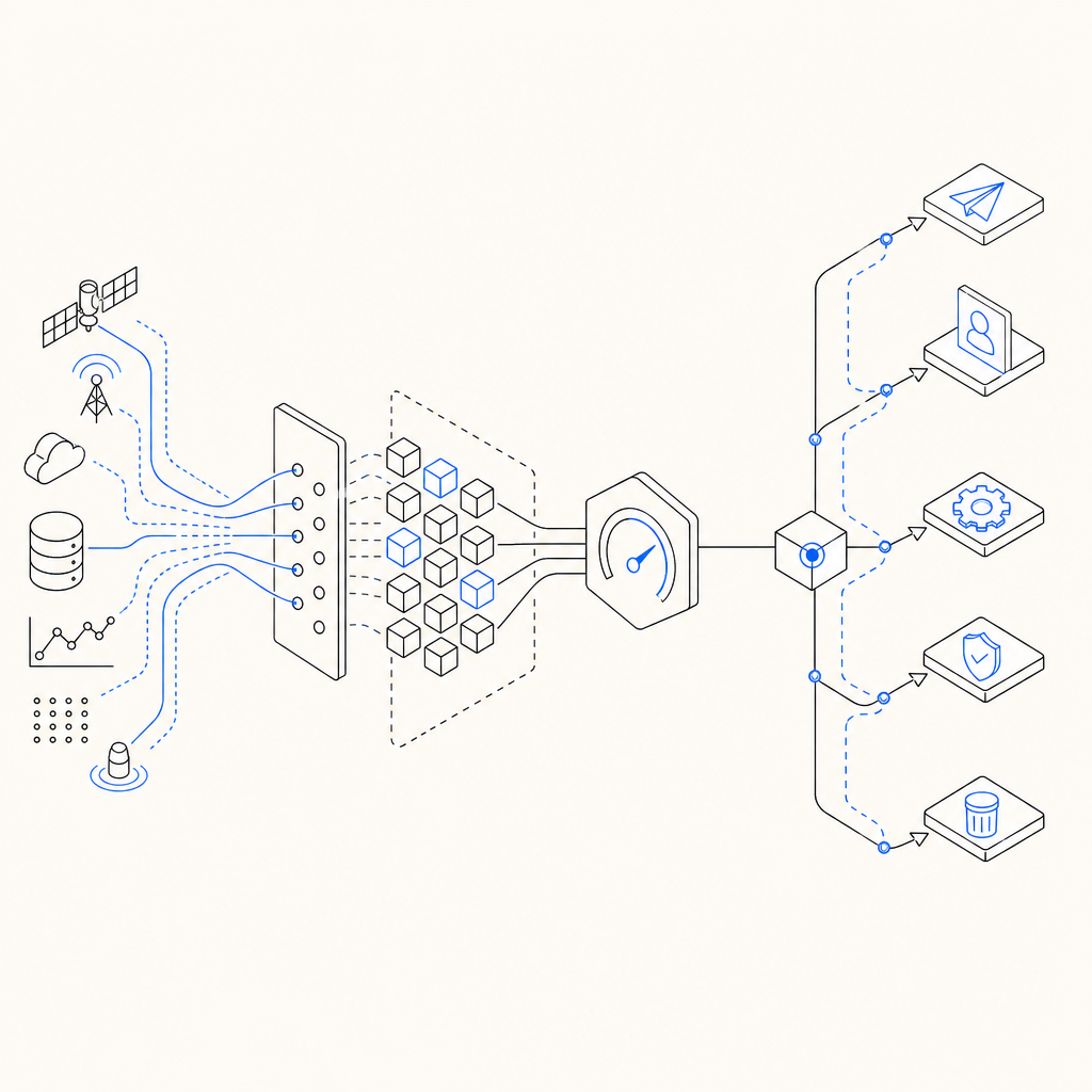 abstract flow from signals to features to score to action, with branching decisi