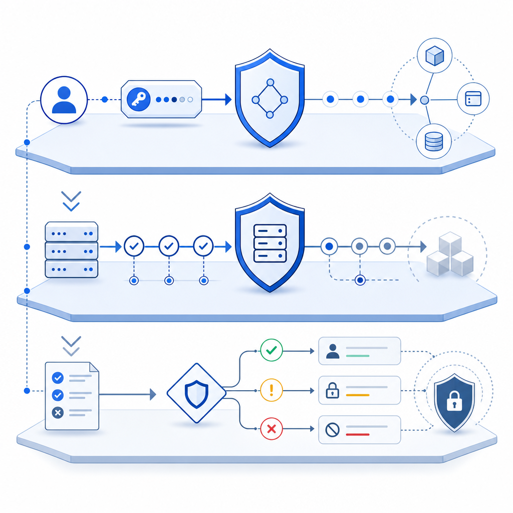 layered defense diagram showing client token, server validation, and policy acti