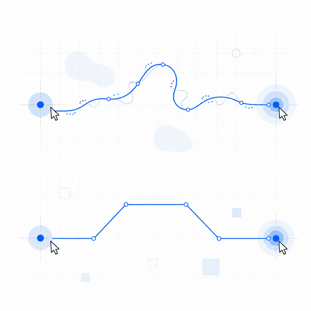 Diagram showing mouse cursor path comparing human vs bot movement patterns