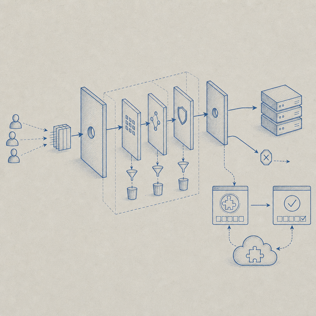 diagram illustrating Nginx request filtering and external CAPTCHA validation as 