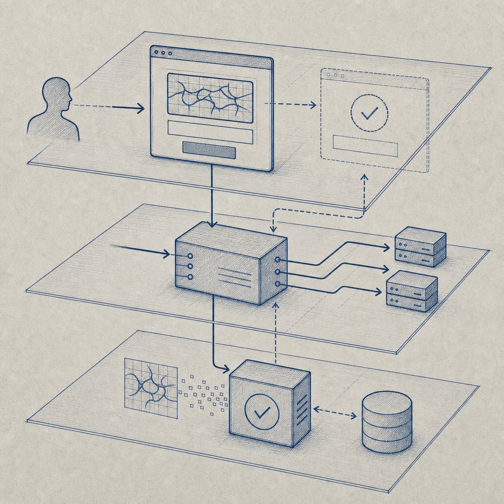 layered illustration showing Nginx as proxy, backend CAPTCHA validation, and fro